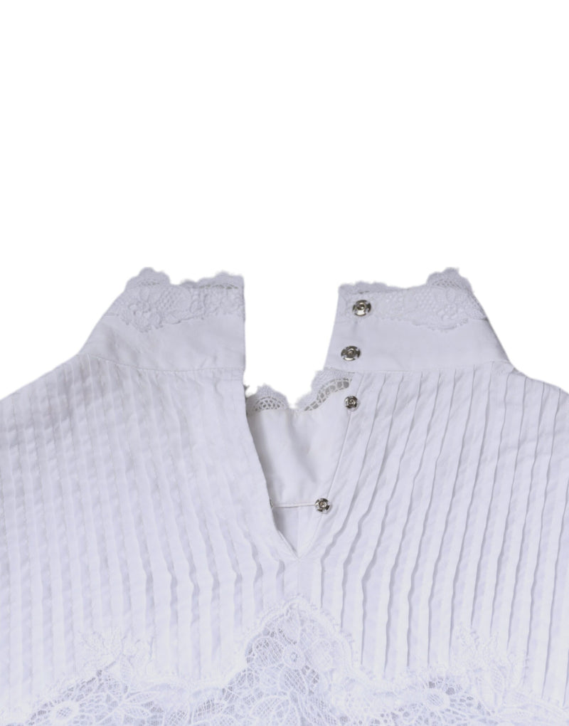 Dolce & Gabbana White Cotton Lace Trim Turtleneck Blouse