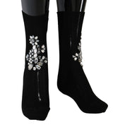 Chaussettes noires en tricot à motifs floraux et cristaux transparents de Dolce &amp; Gabbana