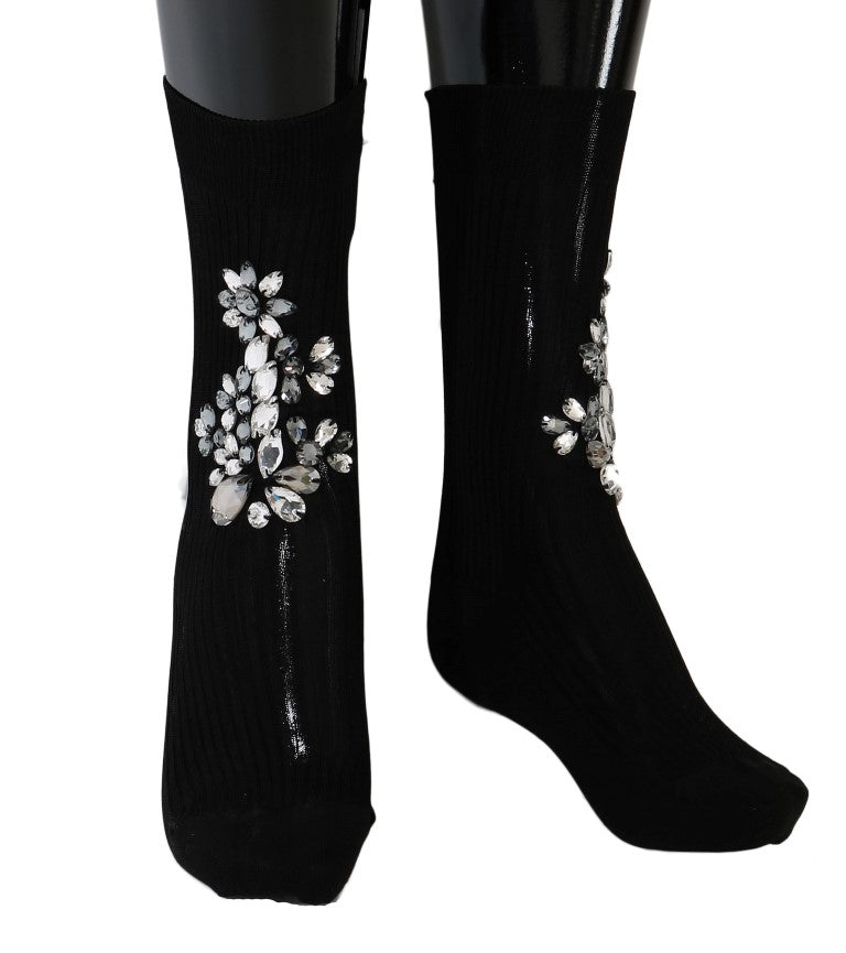 Chaussettes noires en tricot à motifs floraux et cristaux transparents de Dolce &amp; Gabbana