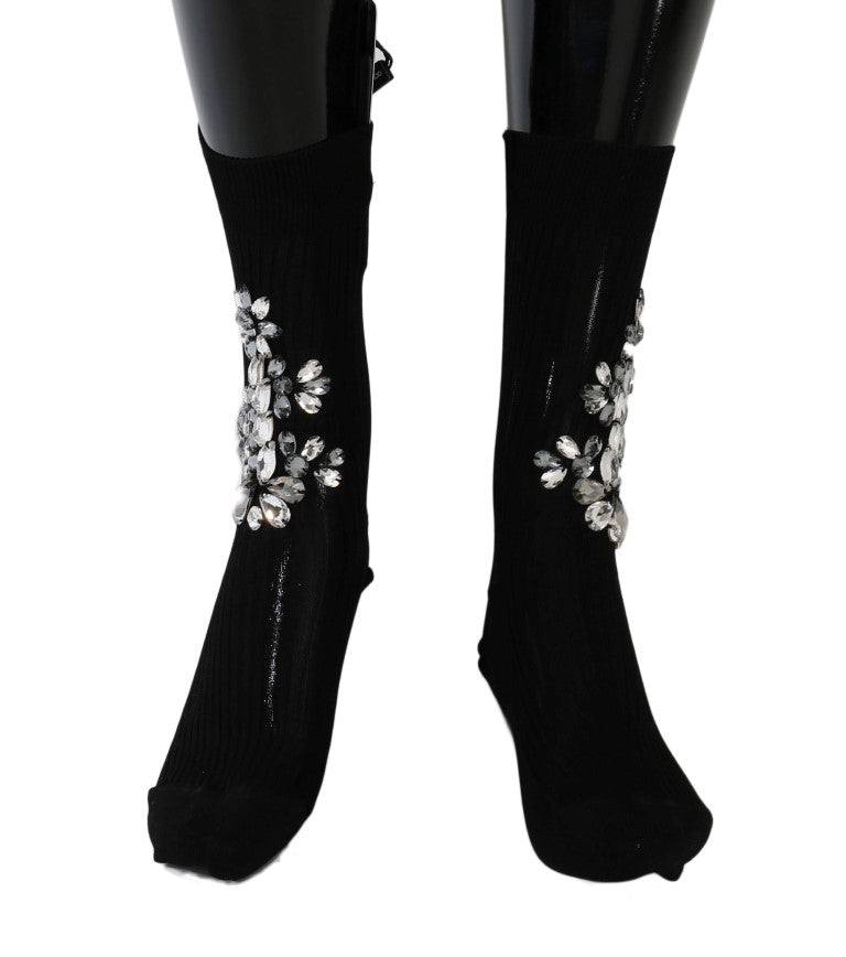 Chaussettes noires en tricot à motifs floraux et cristaux transparents de Dolce &amp; Gabbana