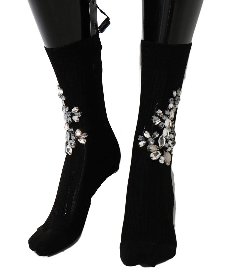 Chaussettes noires en tricot à motifs floraux et cristaux transparents de Dolce &amp; Gabbana