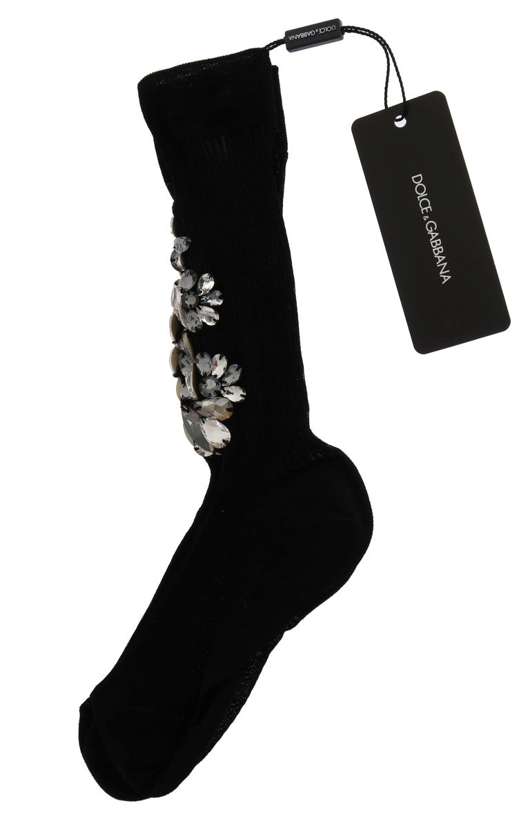 Chaussettes noires en tricot à motifs floraux et cristaux transparents de Dolce &amp; Gabbana