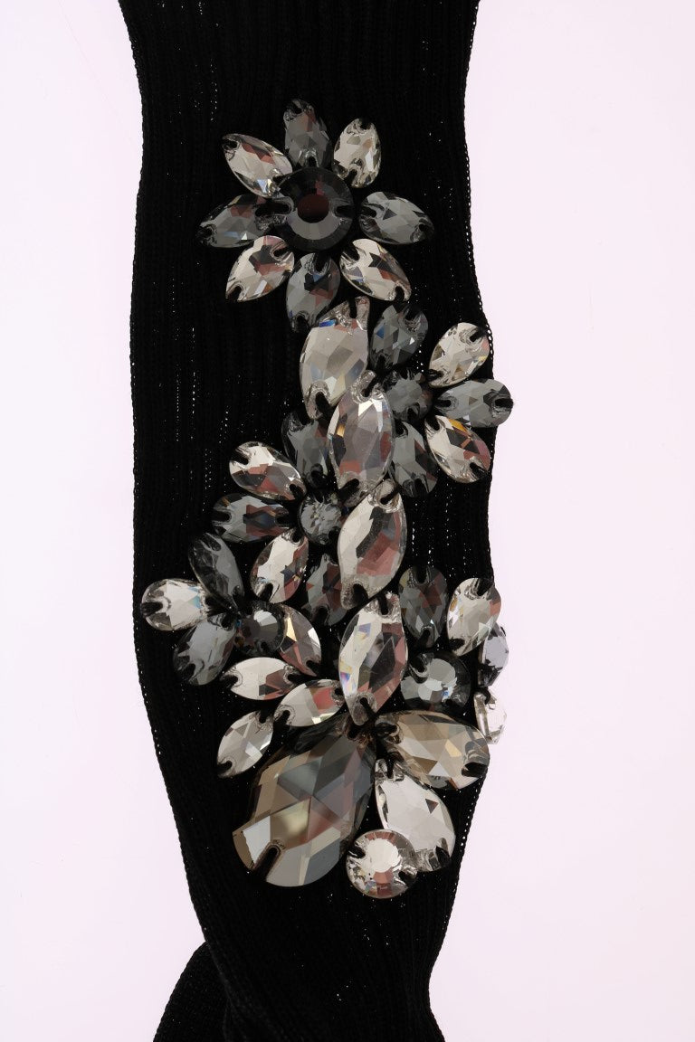 Chaussettes noires en tricot à motifs floraux et cristaux transparents de Dolce &amp; Gabbana