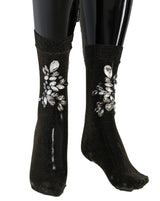 Chaussettes noires stretch à motifs floraux et cristaux transparents de Dolce &amp; Gabbana