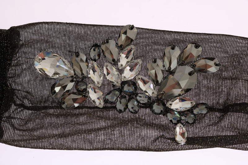 Chaussettes noires stretch à motifs floraux et cristaux transparents de Dolce &amp; Gabbana