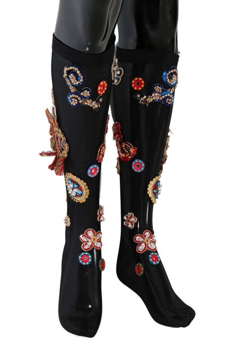 Chaussettes noires stretch Carretto à cristaux de Dolce &amp; Gabbana