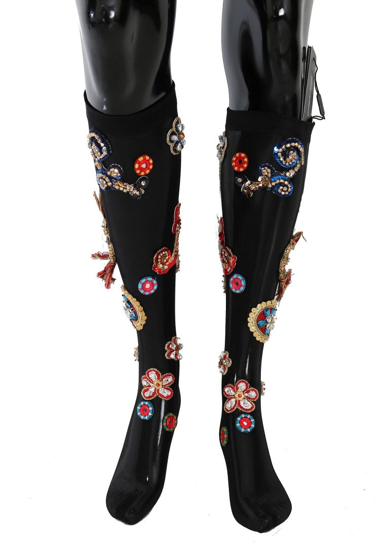Chaussettes noires stretch Carretto à cristaux de Dolce &amp; Gabbana