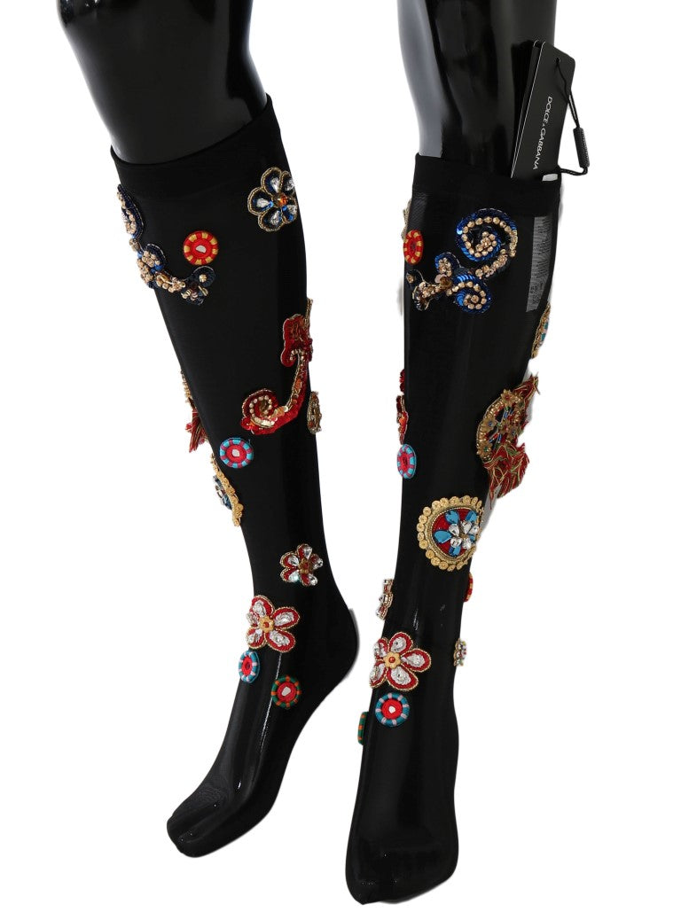 Chaussettes noires stretch Carretto à cristaux de Dolce &amp; Gabbana