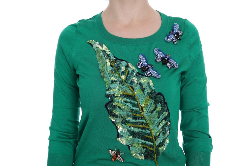 Pull en soie verte à motif banane et cristaux de Dolce &amp; Gabbana