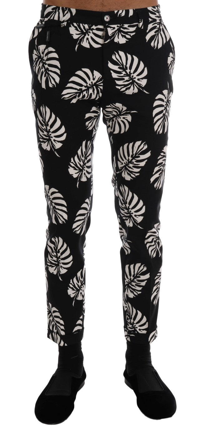 Pantalon slim en coton stretch blanc et noir Dolce &amp; Gabbana à motif feuilles noires
