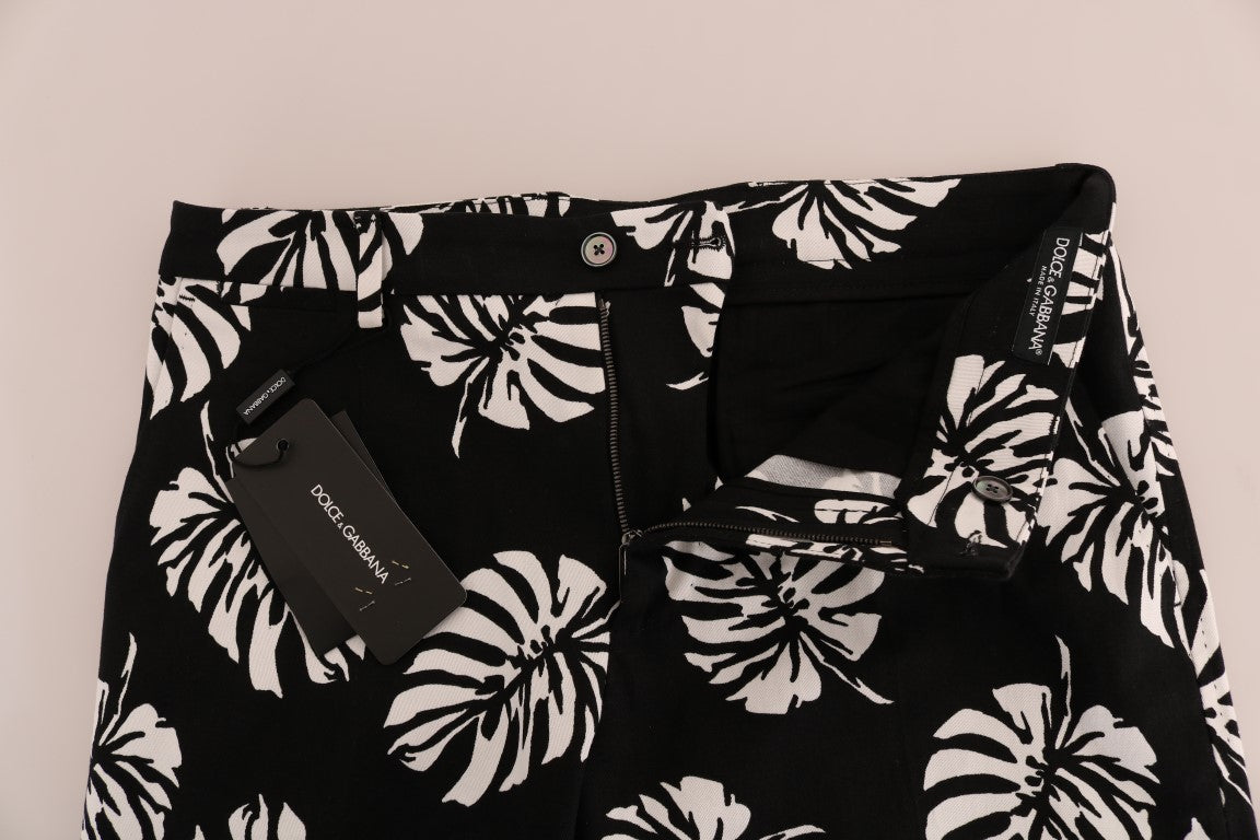 Pantalon slim en coton stretch blanc et noir Dolce &amp; Gabbana à motif feuilles noires
