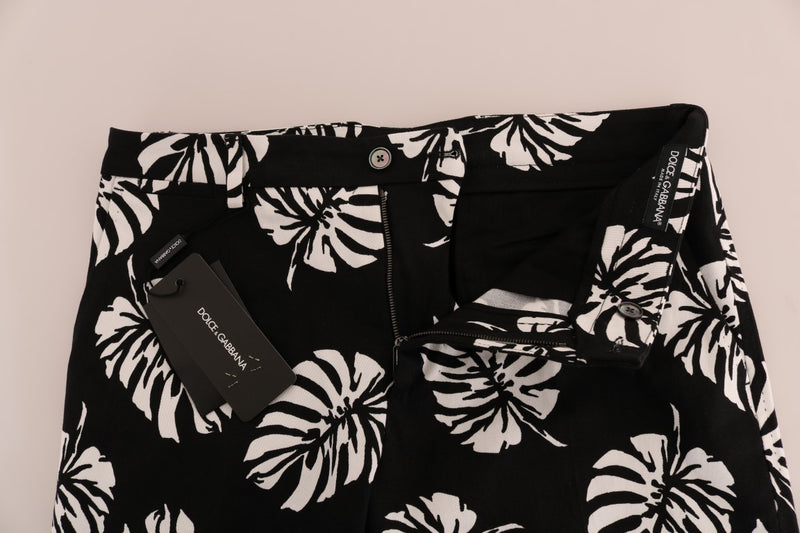 Pantalon slim en coton stretch blanc et noir Dolce &amp; Gabbana à motif feuilles noires