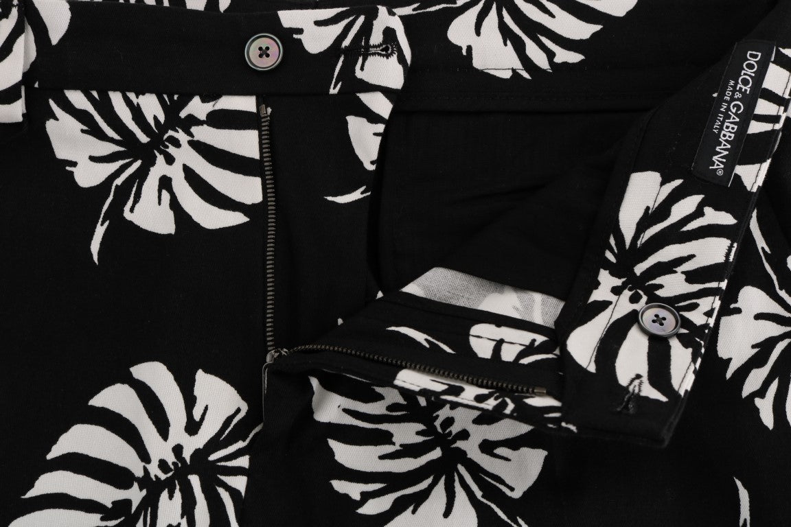 Pantalon slim en coton stretch blanc et noir Dolce &amp; Gabbana à motif feuilles noires