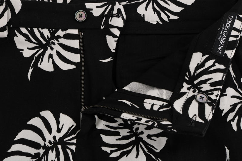 Pantalon slim en coton stretch blanc et noir Dolce &amp; Gabbana à motif feuilles noires
