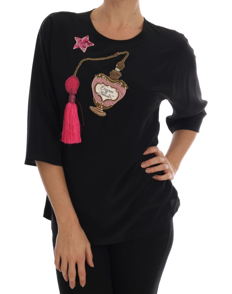 Dolce &amp; Gabbana Top en soie noire à motif féerique et chemisier orné de cristaux