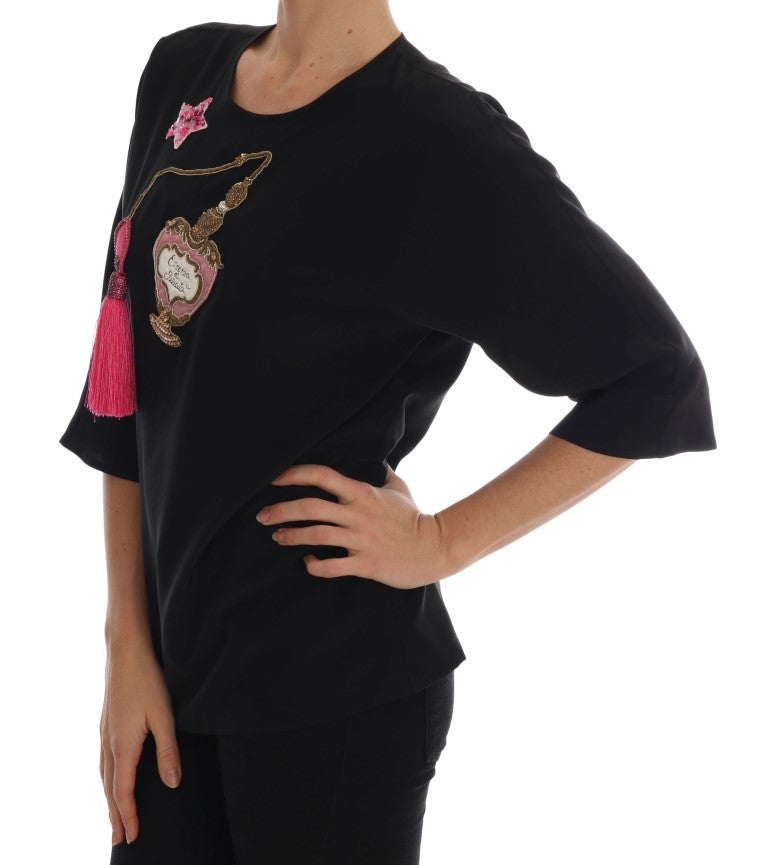 Dolce &amp; Gabbana Top en soie noire à motif féerique et chemisier orné de cristaux
