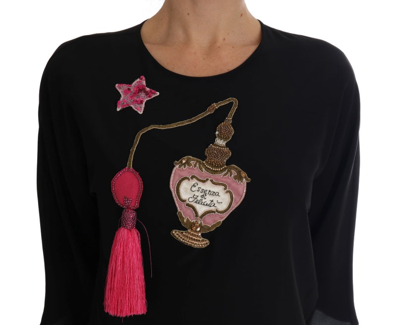 Dolce &amp; Gabbana Top en soie noire à motif féerique et chemisier orné de cristaux
