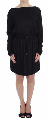 Robe portefeuille en soie et modal noir de Versace Jeans, longueur genou.