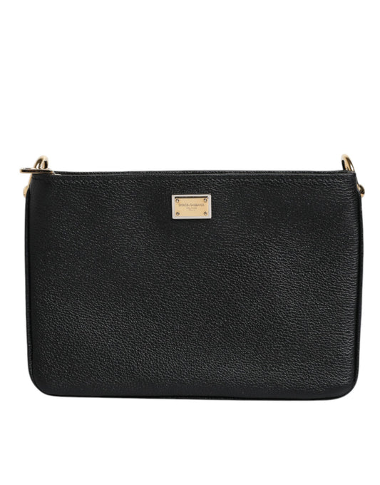 Pochette Dolce & Gabbana en cuir grainé noir avec plaque logo