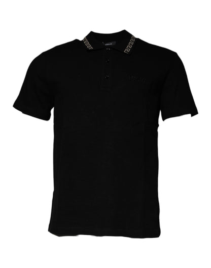 T-shirt polo à manches courtes en viscose noire avec col, Versace.