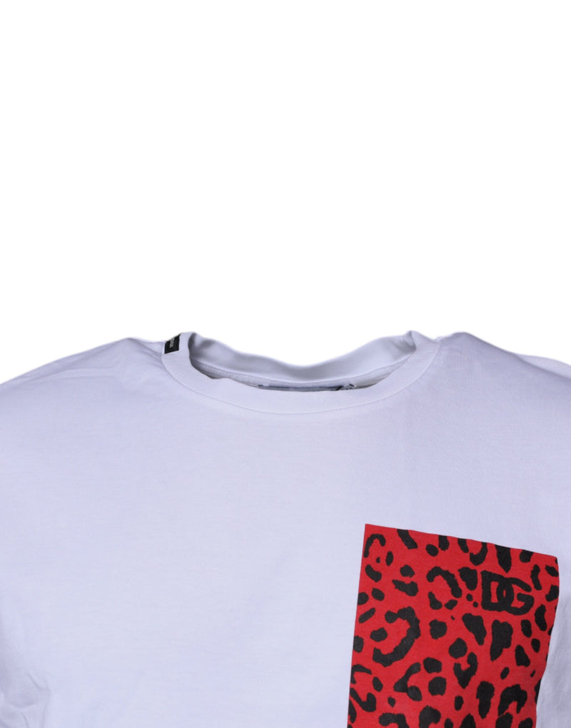 T-shirt en coton à col rond blanc et rouge avec imprimé léopard de Dolce &amp; Gabbana
