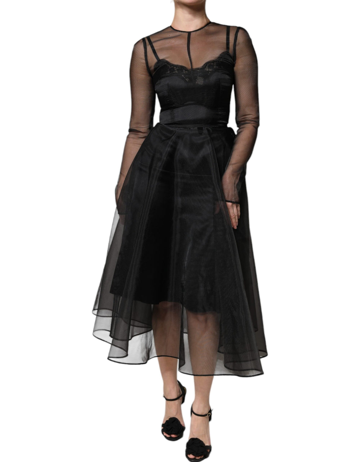 Robe Cocktail Midi A-ligne en Tulle Noir Dolce & Gabbana
