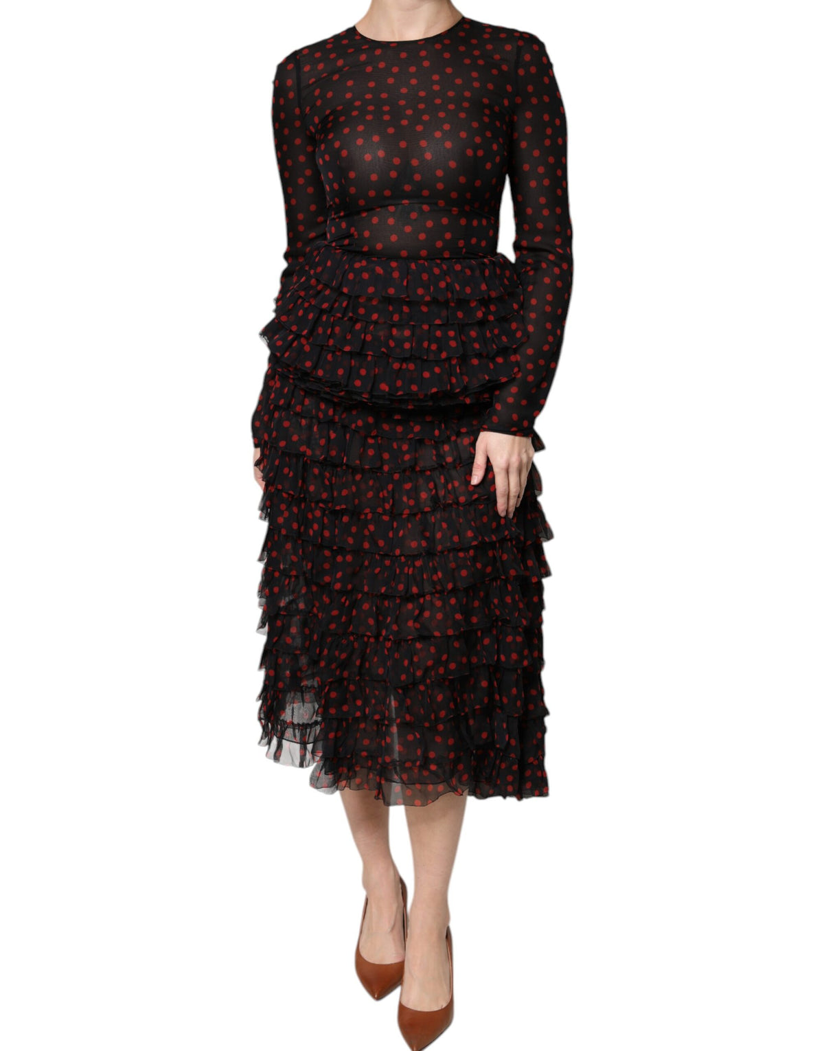 Robe Midi Superposée à Pois Noirs et Rouges en Soie Dolce & Gabbana