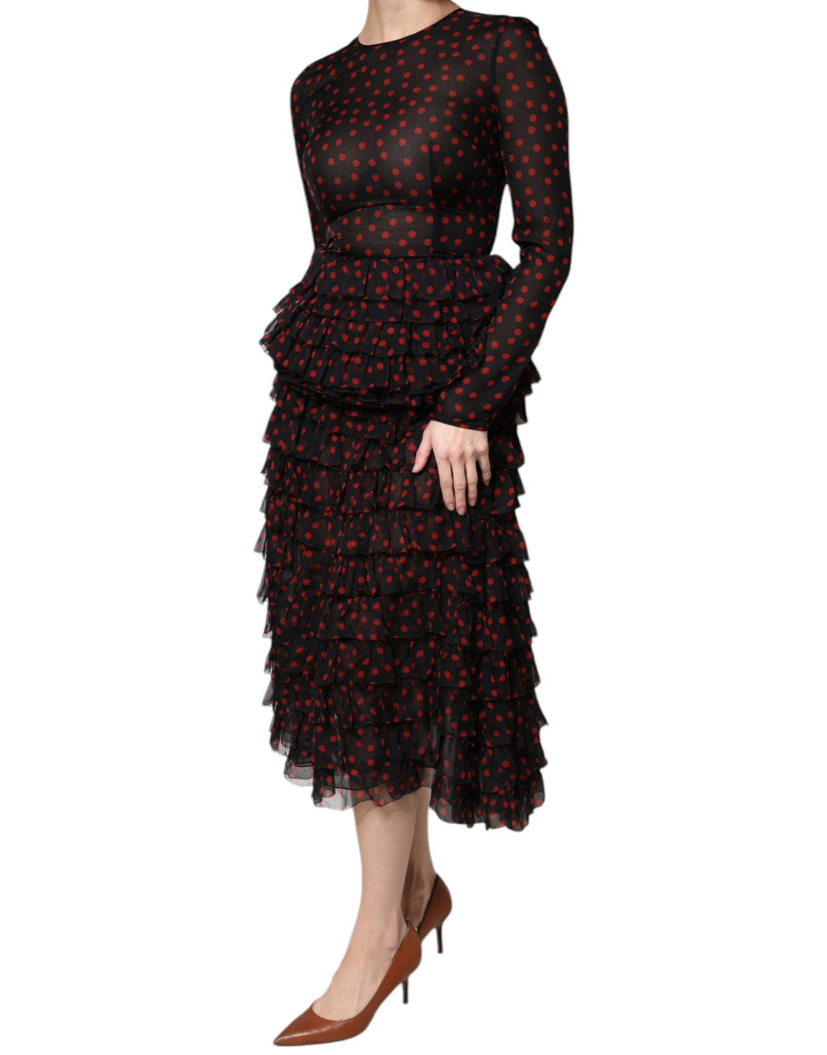 Robe Midi Superposée à Pois Noirs et Rouges en Soie Dolce & Gabbana