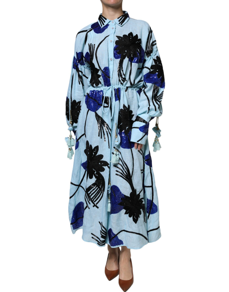 Robe Maxi à Manches Longues en Lin Bleu Clair Christian Pellizzari