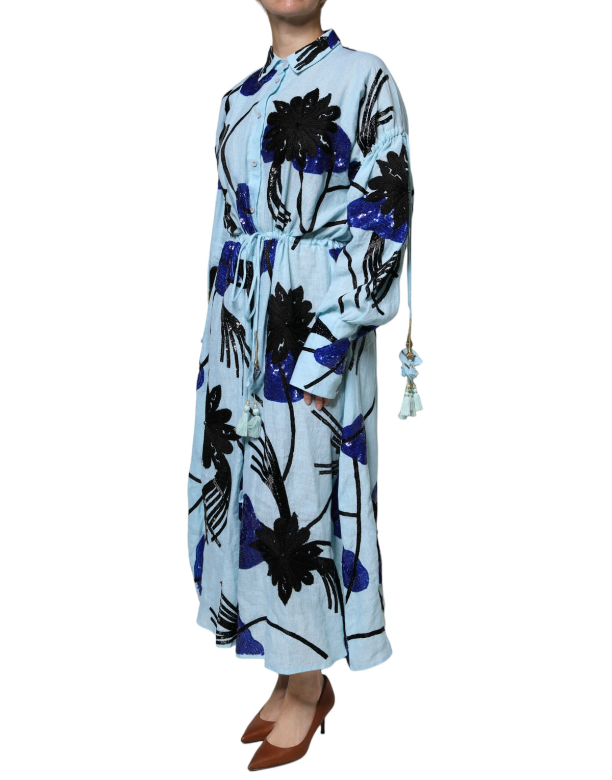 Robe Maxi à Manches Longues en Lin Bleu Clair Christian Pellizzari