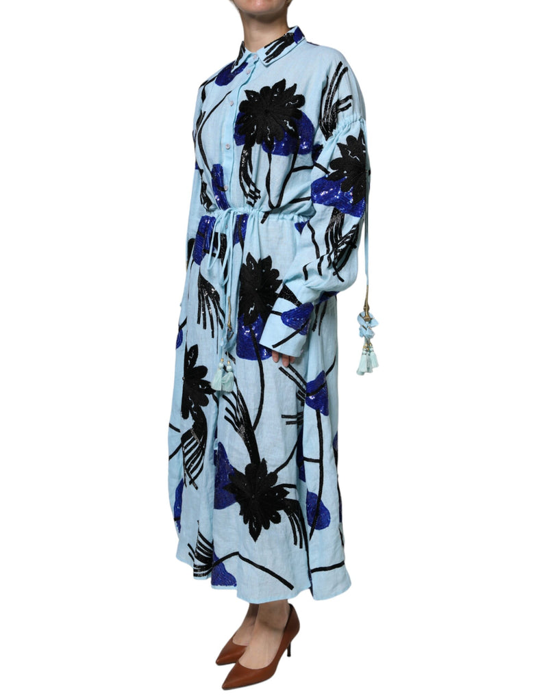 Robe Maxi à Manches Longues en Lin Bleu Clair Christian Pellizzari