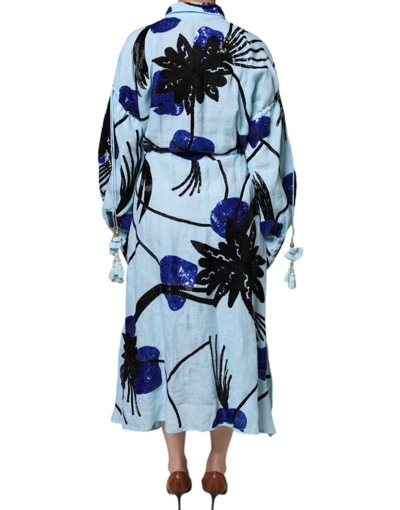 Robe Maxi à Manches Longues en Lin Bleu Clair Christian Pellizzari