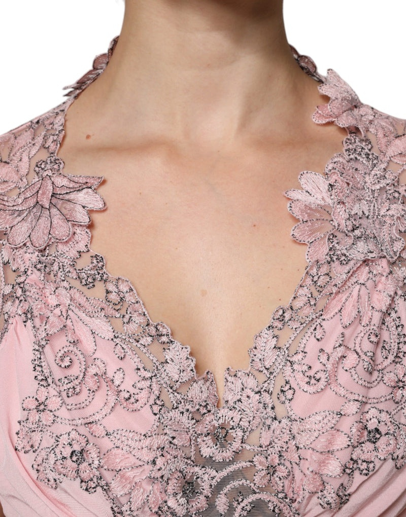 Ermanno Scervino Robe Midi Rose en Dentelle Florale à Manches Courtes
