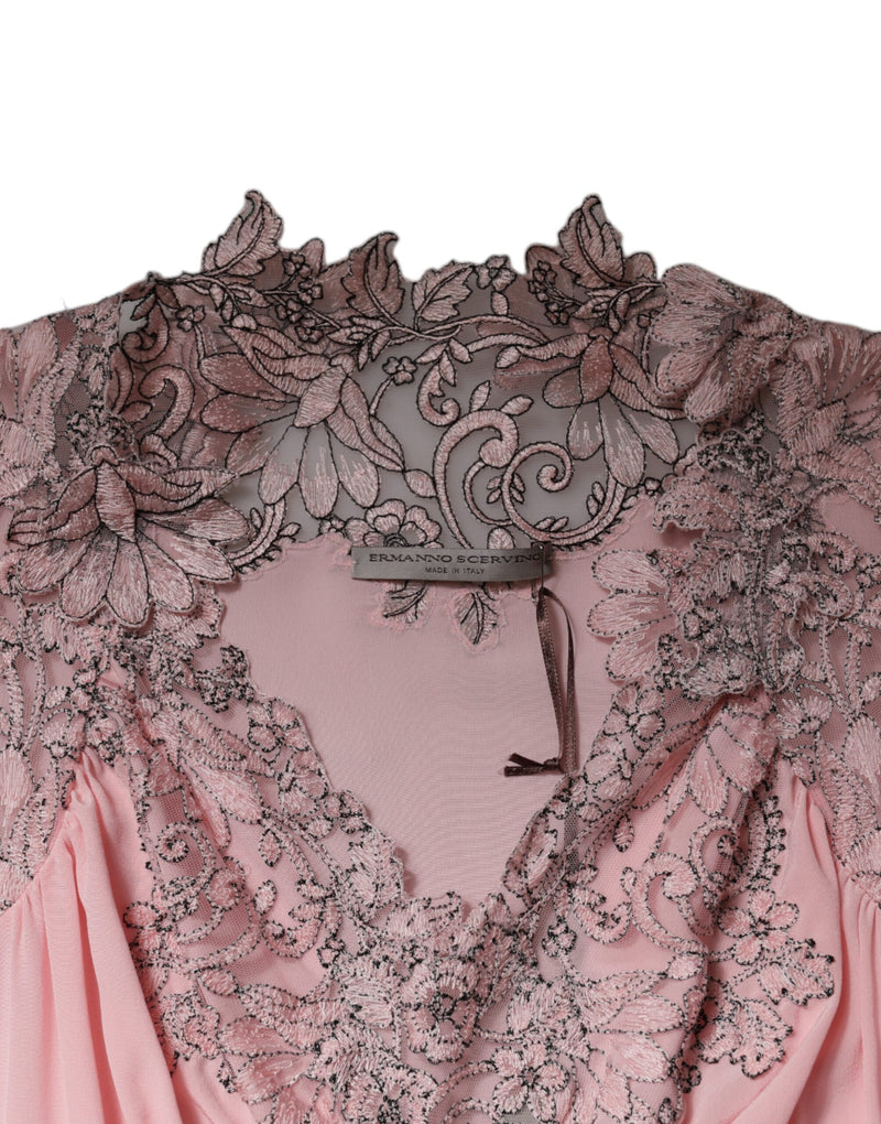 Ermanno Scervino Robe Midi Rose en Dentelle Florale à Manches Courtes