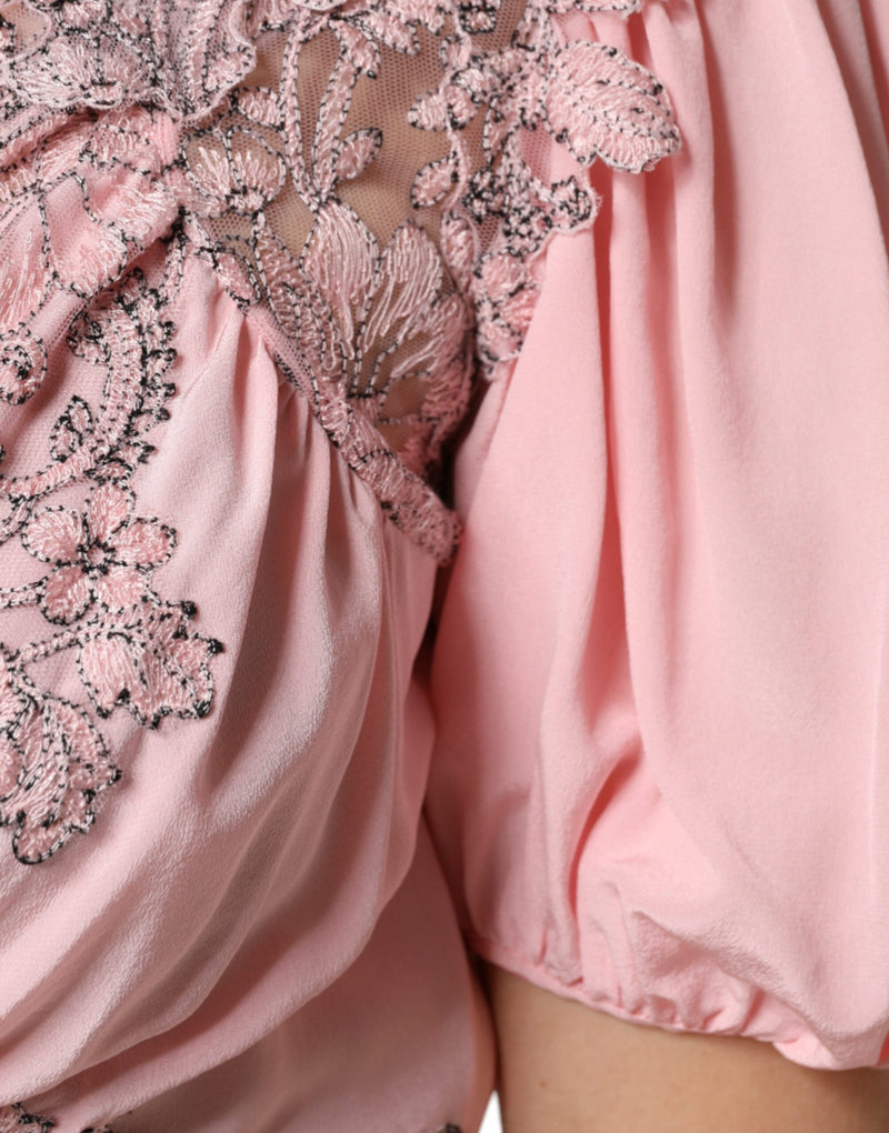 Ermanno Scervino Robe Midi en Dentelle Florale Rose avec Manches Courtes