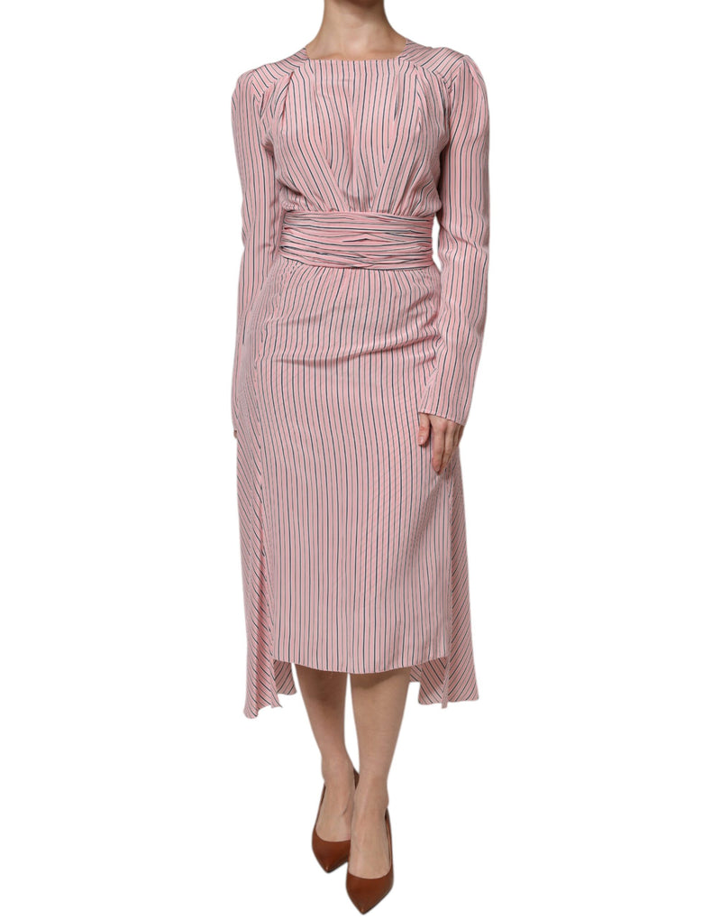 Ermanno Scervino Robe Midi en Soie à Rayures Roses à Manches Longues