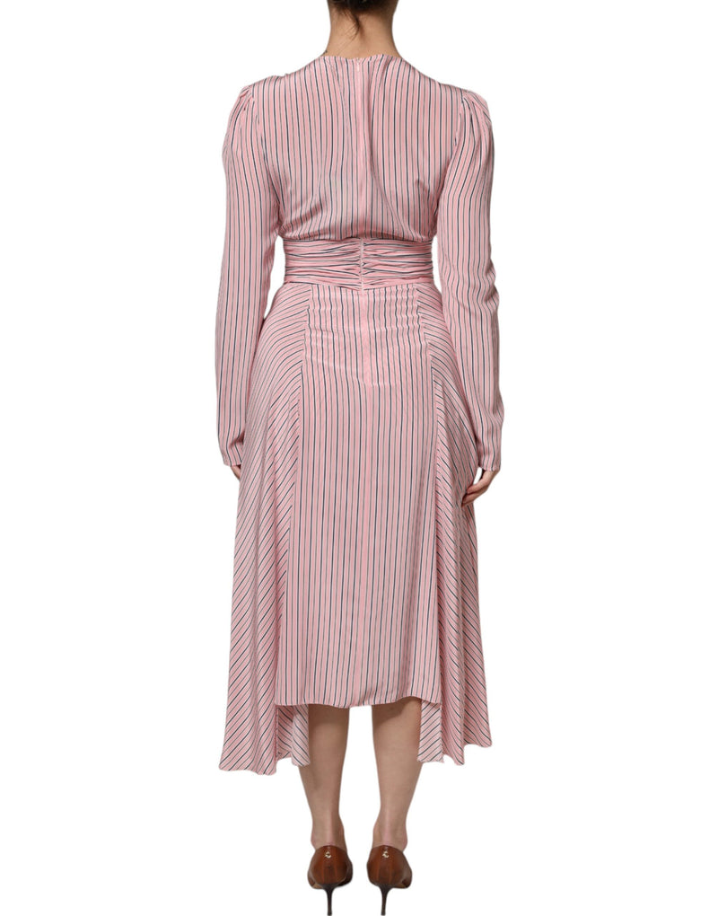Ermanno Scervino Robe Midi en Soie à Rayures Roses à Manches Longues