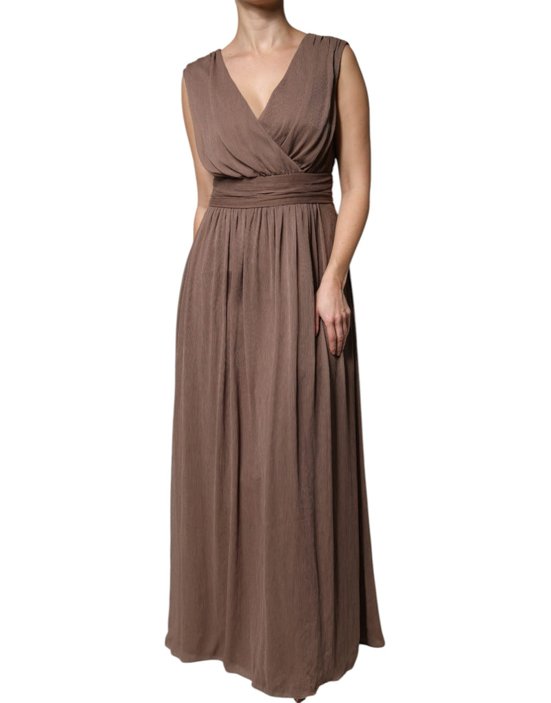 Peserico Robe Maxi Longue Sans Manches Marron à Décolleté V