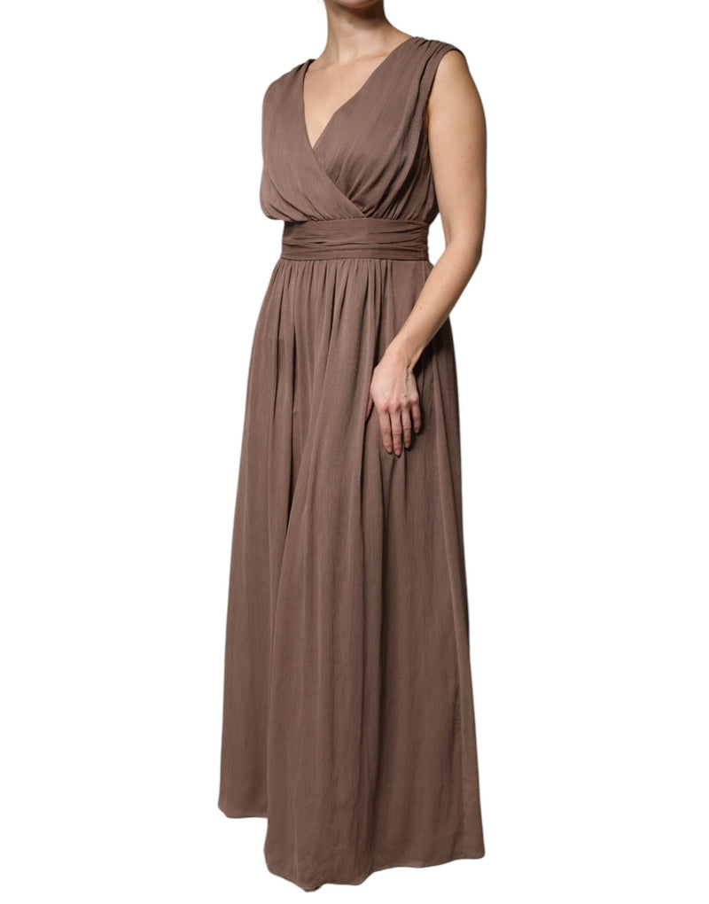 Peserico Robe Maxi Longue Sans Manches Marron à Décolleté V