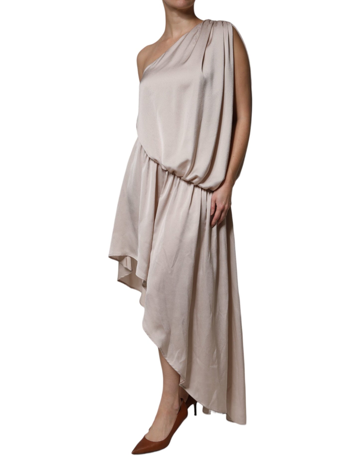 Robe asymétrique drapée à une épaule beige de Christian Pellizzari