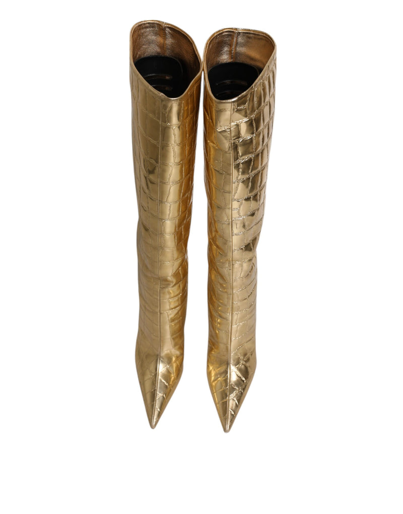 Dolce & Gabbana Gold Leather Stiletto Heels High Boots