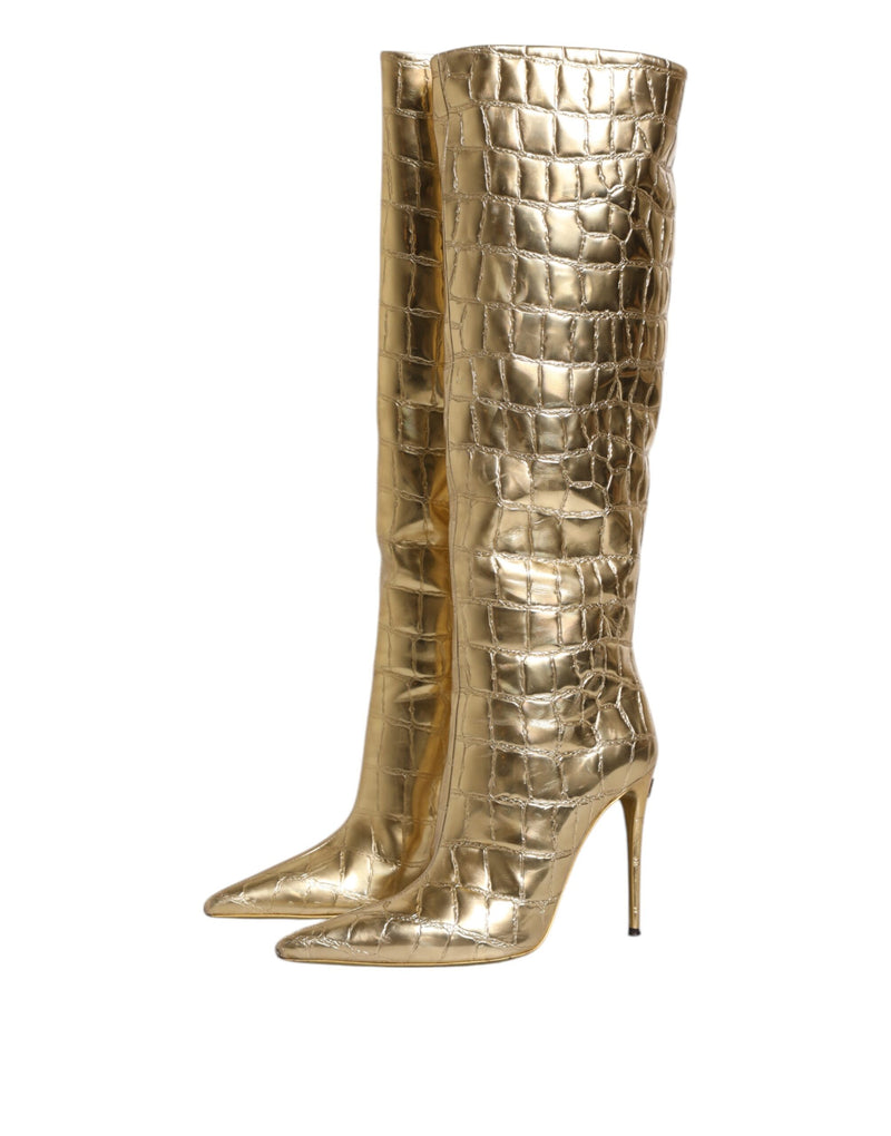 Dolce & Gabbana Gold Leather Stiletto Heels High Boots