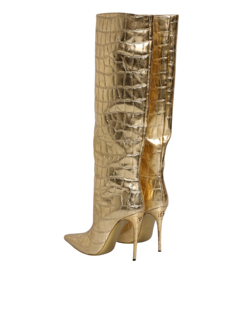 Dolce & Gabbana Gold Leather Stiletto Heels High Boots