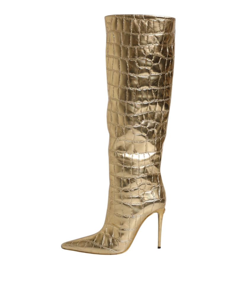 Dolce & Gabbana Gold Leather Stiletto Heels High Boots
