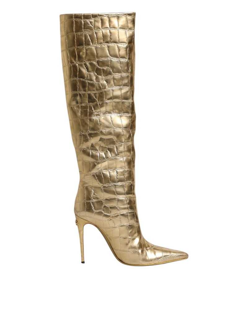 Dolce & Gabbana Gold Leather Stiletto Heels High Boots