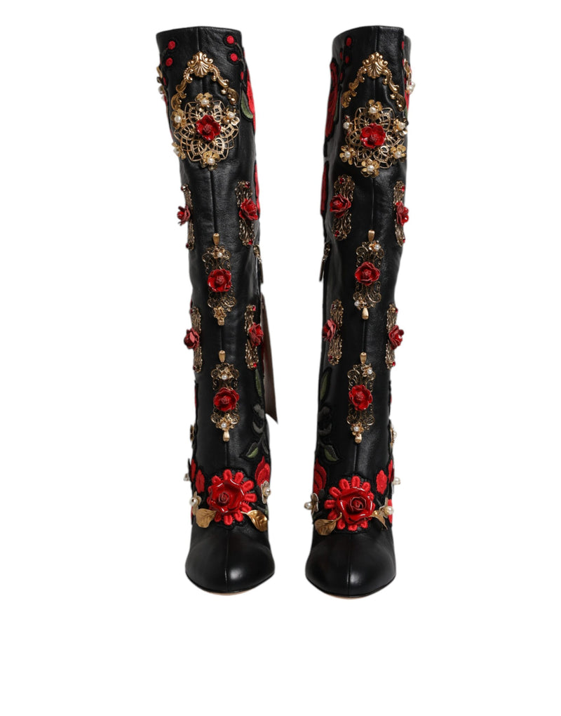 Dolce & Gabbana Black Roses Embellished Leather Heel Boots