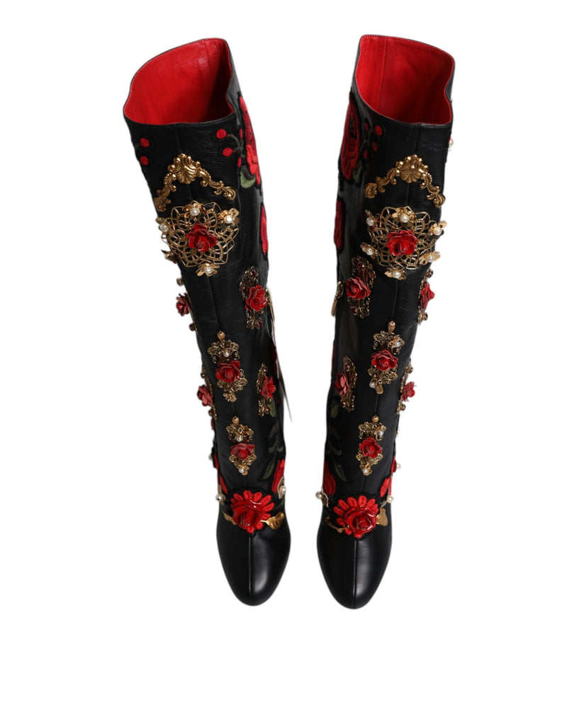 Dolce & Gabbana Black Roses Embellished Leather Heel Boots