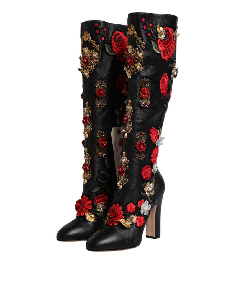 Dolce & Gabbana Black Roses Embellished Leather Heel Boots