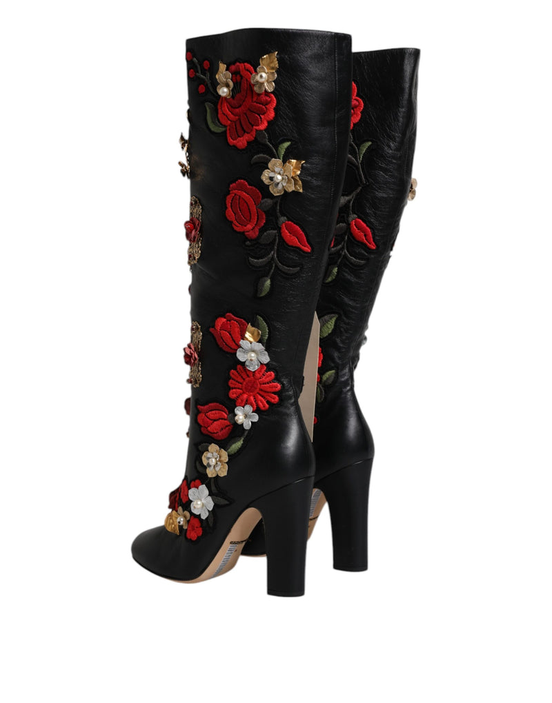 Dolce & Gabbana Black Roses Embellished Leather Heel Boots