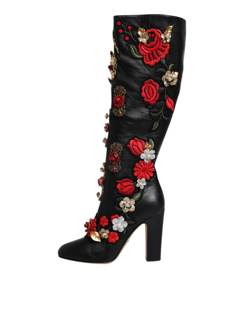 Dolce & Gabbana Black Roses Embellished Leather Heel Boots